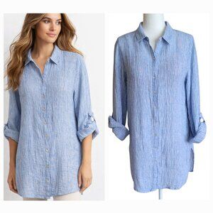 Tahari 100% Linen Textured Crinkle Longline Button Front Tunic Roll tab Sleeves